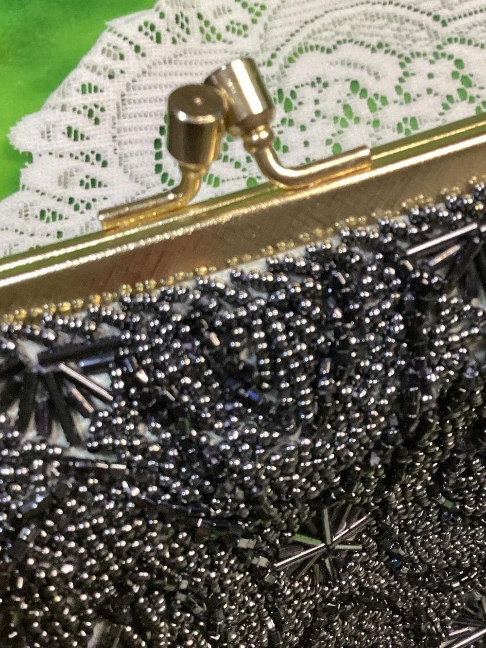 Vintage Black Beaded Evening Clutch with Gold Chain Handmade Hong Kong Kiss Lock